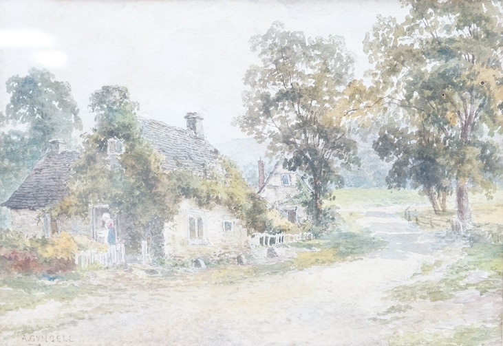 Albert E. Gyngell (1874-1911), watercolour, Cottage in a wooded country landscape, signed, The Falcon Gallery inscribed label verso, 17 x 24cm. Condition - foxed